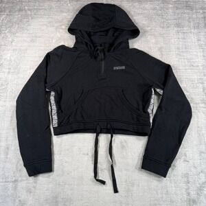 Gymshark Sweatshirt Womens Medium Black Quarter Zip Drawstring Cropped Hoodie